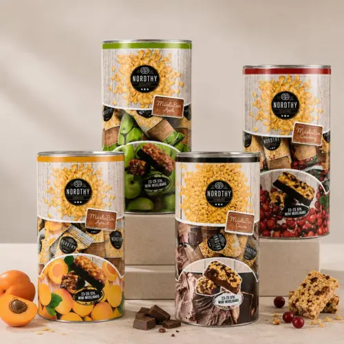 Nordthy Mini Müslibar display med 4 varianter – æble, tranebær, abrikos og kakao i dekorative dåser.