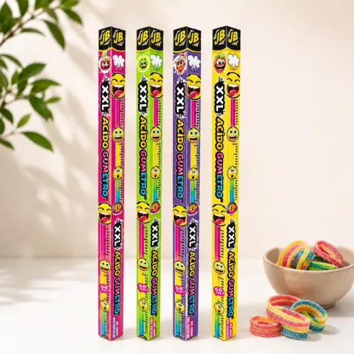 JB XXL Acido Gum Etro surt tyggegummi – 4 farverige varianter med ekstra langt tyggegummi og frugtsmag.