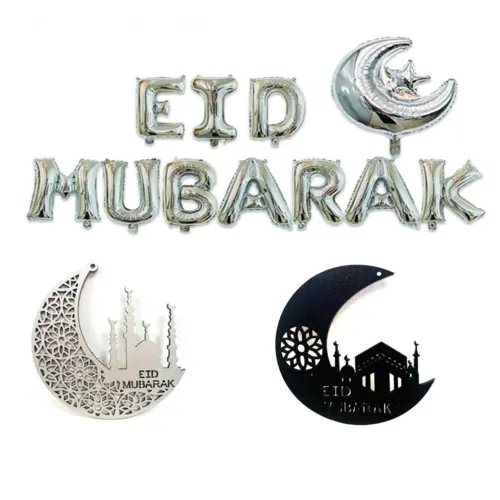 Eid Mubarak træpynt måne (10cm)  med Eid mubarak folieballonsæt i sølv