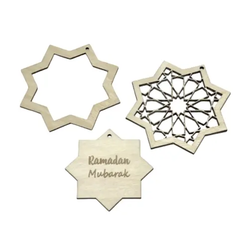 Ramadan Mubarak pynt i træ - 3 dele (Håndlavet)