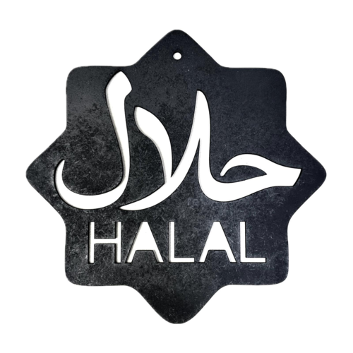 Stor kantet halal træ skilt i sort