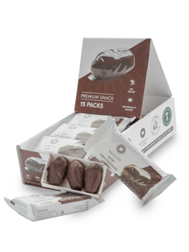 Dadler med mørk chokolade og mandler 30g