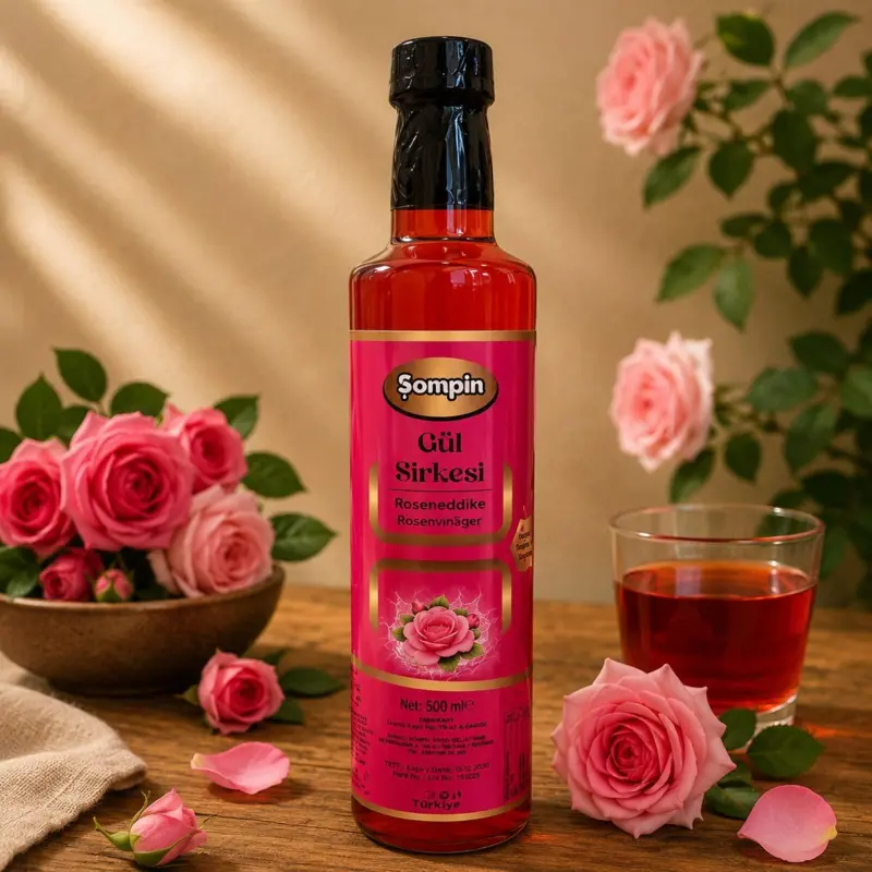 Şompin Roseneddike (Gül Sirkesi) 500 ml glasflaske med naturlig roseneddike på træbord omgivet af friske lyserøde roser.