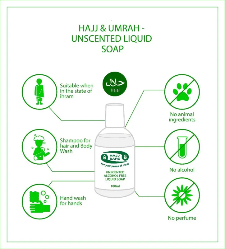 Sæbe 3 i 1 (Shampoo, Kropsæbe, Håndsæbe) til Hajj og Umrah (100ml)
