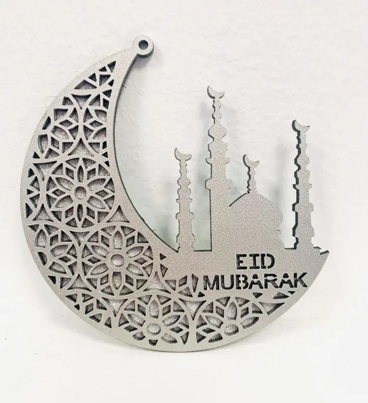 Eid Mubarak Træpynt Sølv Måne Med Glimmet (10cm)
