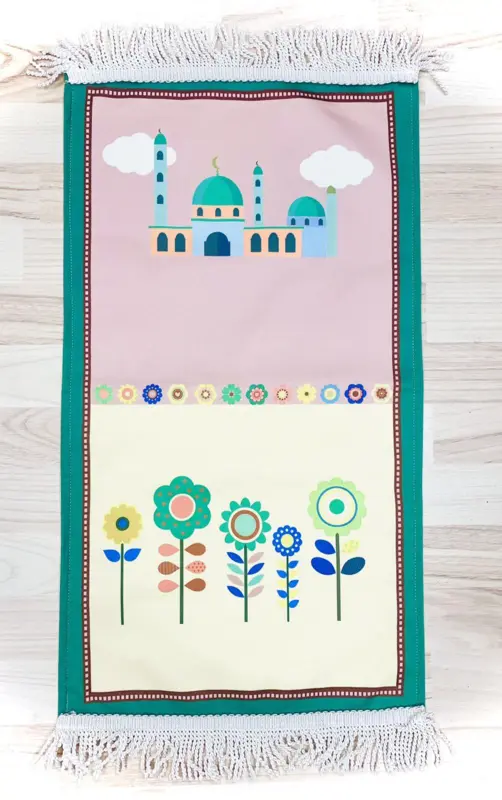 Børne Bedetæppe Moské Med Blomster Design, Grøn