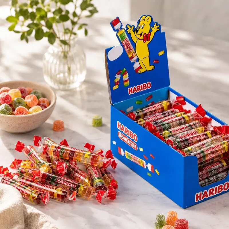 Haribo Roulette vingummi ruller i displayæske med individuelt indpakkede frugtsmag-ruller.