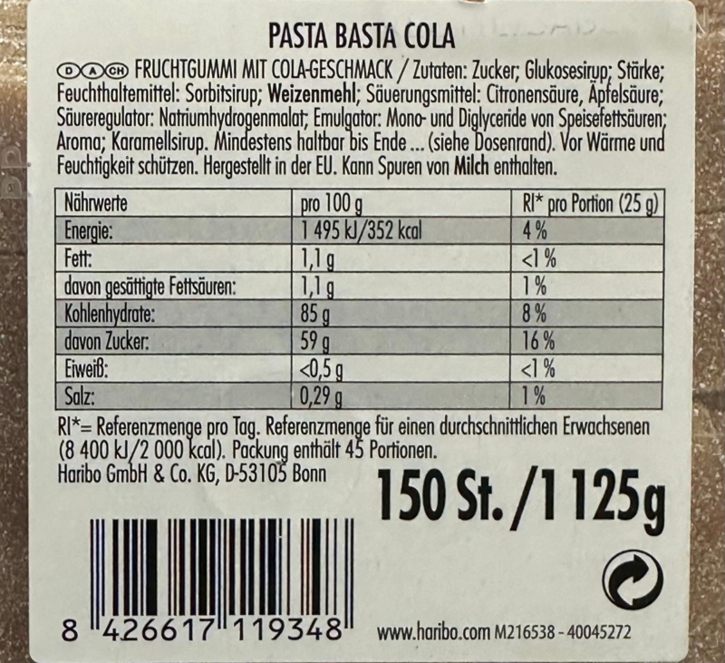 Pasta Basta Cola Haribo, 1125g