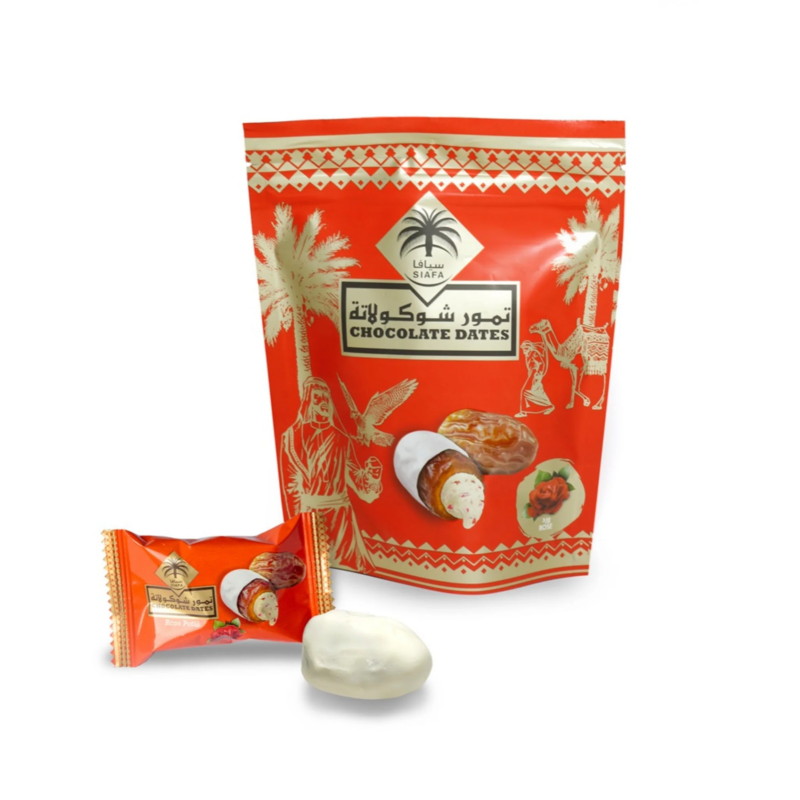 Vita chokladdad dadlar med rosfyllning 100g