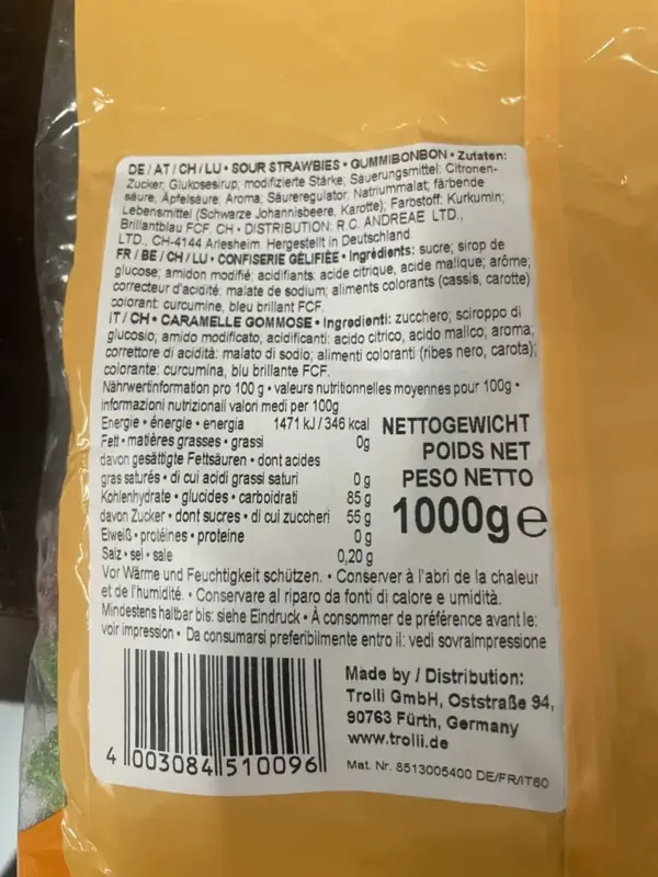 Trolli Gummi Candy, Sour Strawberry, 1000g