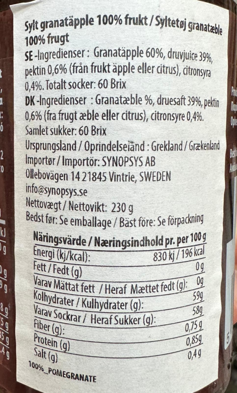 Granatæble syltetøj, 100% frugt, uden sukker, 230g