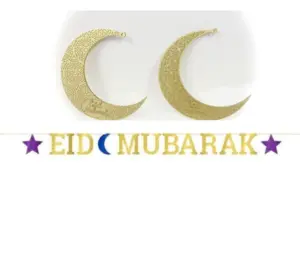 EID Mubarak guld banner i glitter med 2 stk træpynt