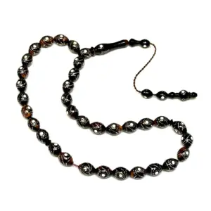 Svart/brun handgjord lyxig tasbih med silverdesign, 33 pärlor